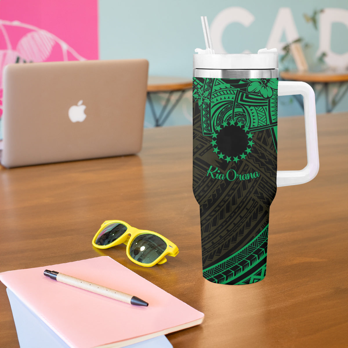 Kia Orana Cook Islands Tumbler With Handle Circle Stars With Floral Green Pattern