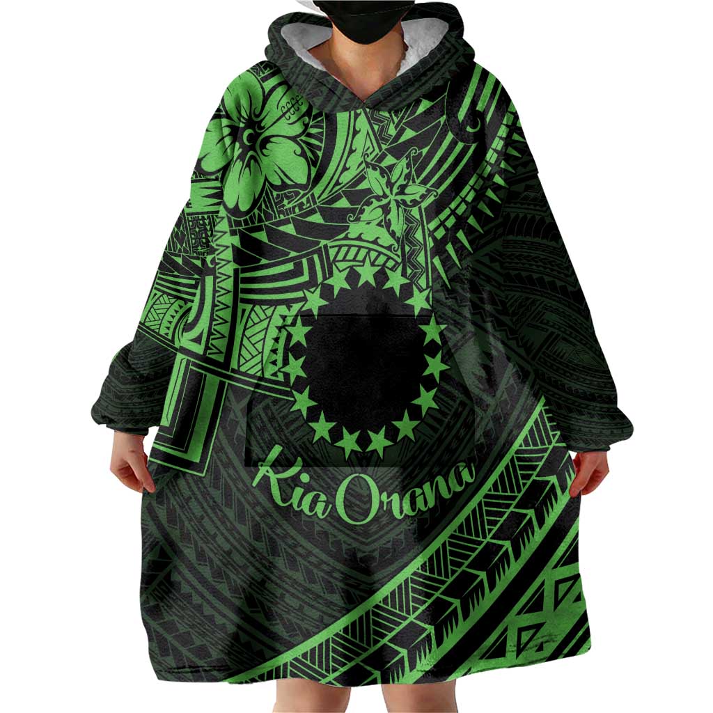 Kia Orana Cook Islands Wearable Blanket Hoodie Circle Stars With Floral Green Pattern LT01