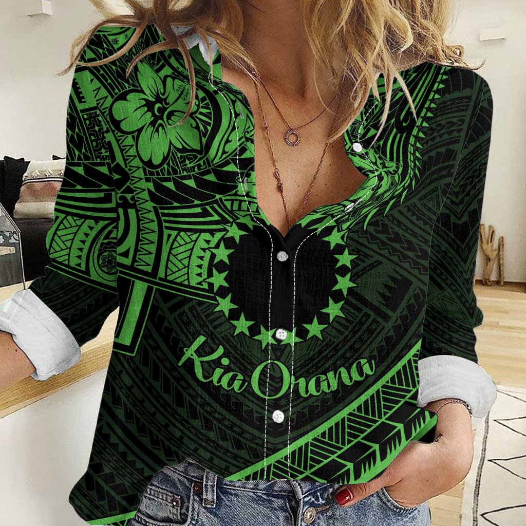 Kia Orana Cook Islands Women Casual Shirt Circle Stars With Floral Green Pattern LT01 Female Green - Polynesian Pride