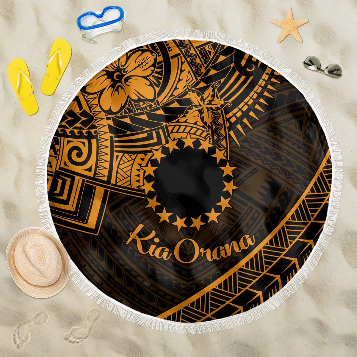 Kia Orana Cook Islands Beach Blanket Circle Stars With Floral Gold Pattern LT01 One Size 150cm Gold - Polynesian Pride