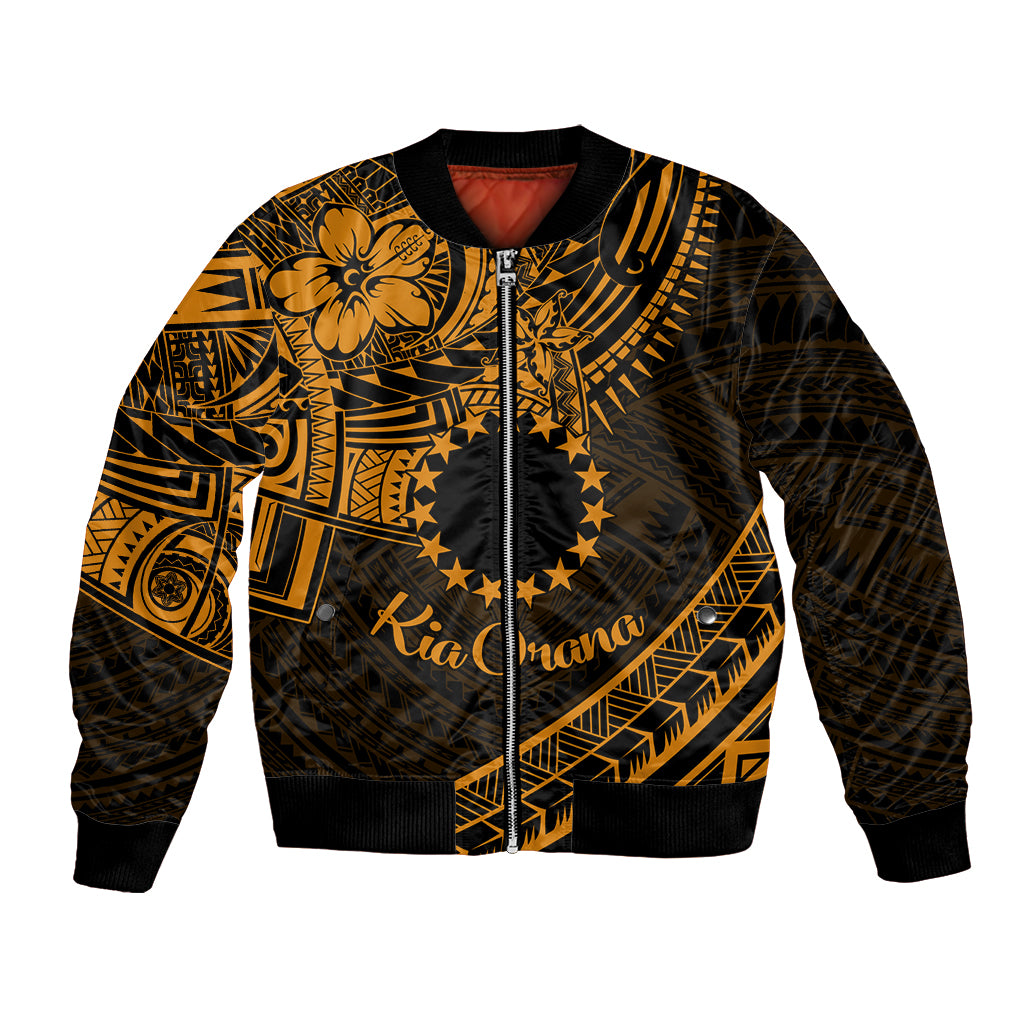 Kia Orana Cook Islands Bomber Jacket Circle Stars With Floral Gold Pattern LT01 Unisex Gold - Polynesian Pride
