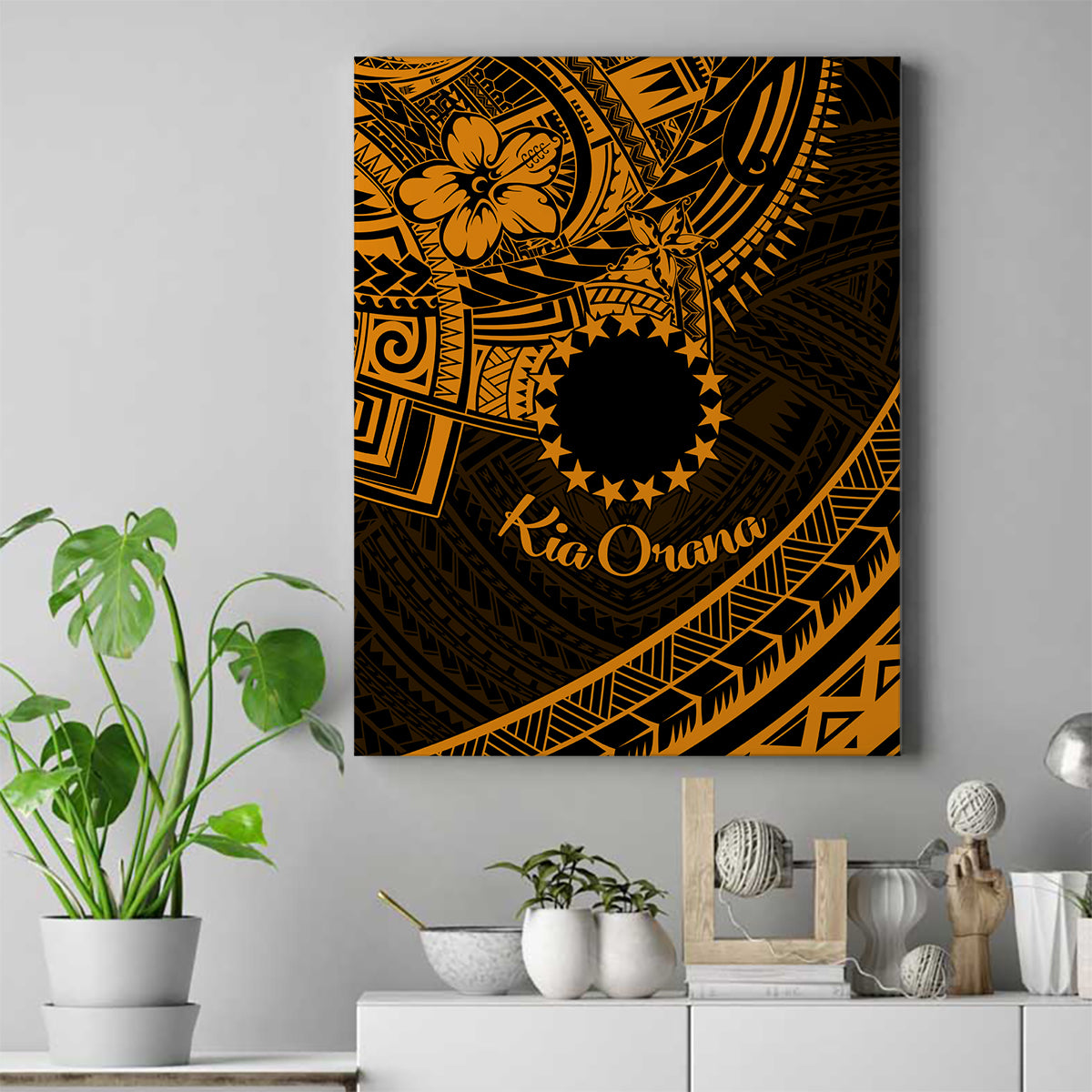 Kia Orana Cook Islands Canvas Wall Art Circle Stars With Floral Gold Pattern LT01 Gold - Polynesian Pride