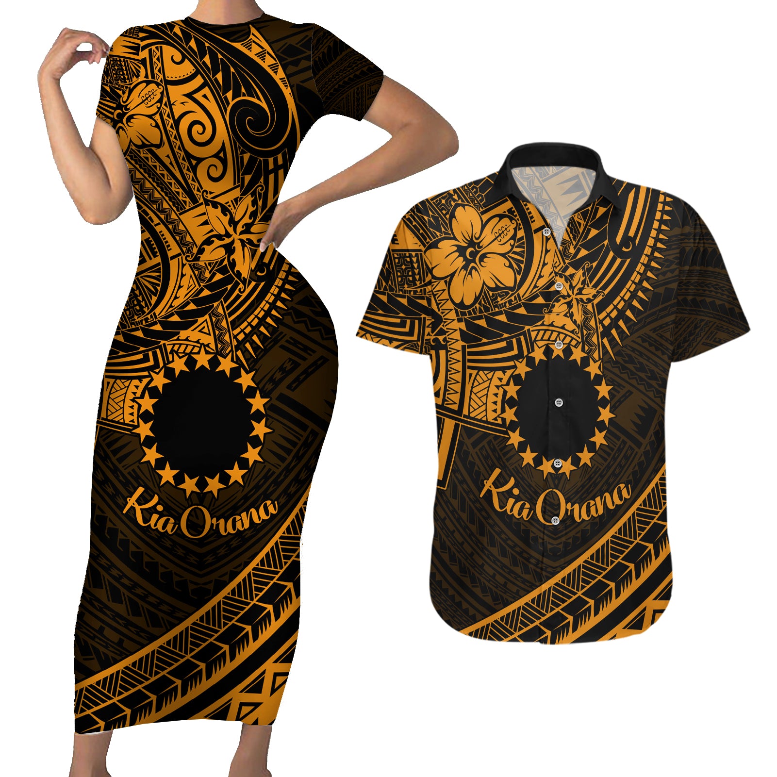 Kia Orana Cook Islands Couples Matching Short Sleeve Bodycon Dress and Hawaiian Shirt Circle Stars With Floral Gold Pattern LT01 Gold - Polynesian Pride