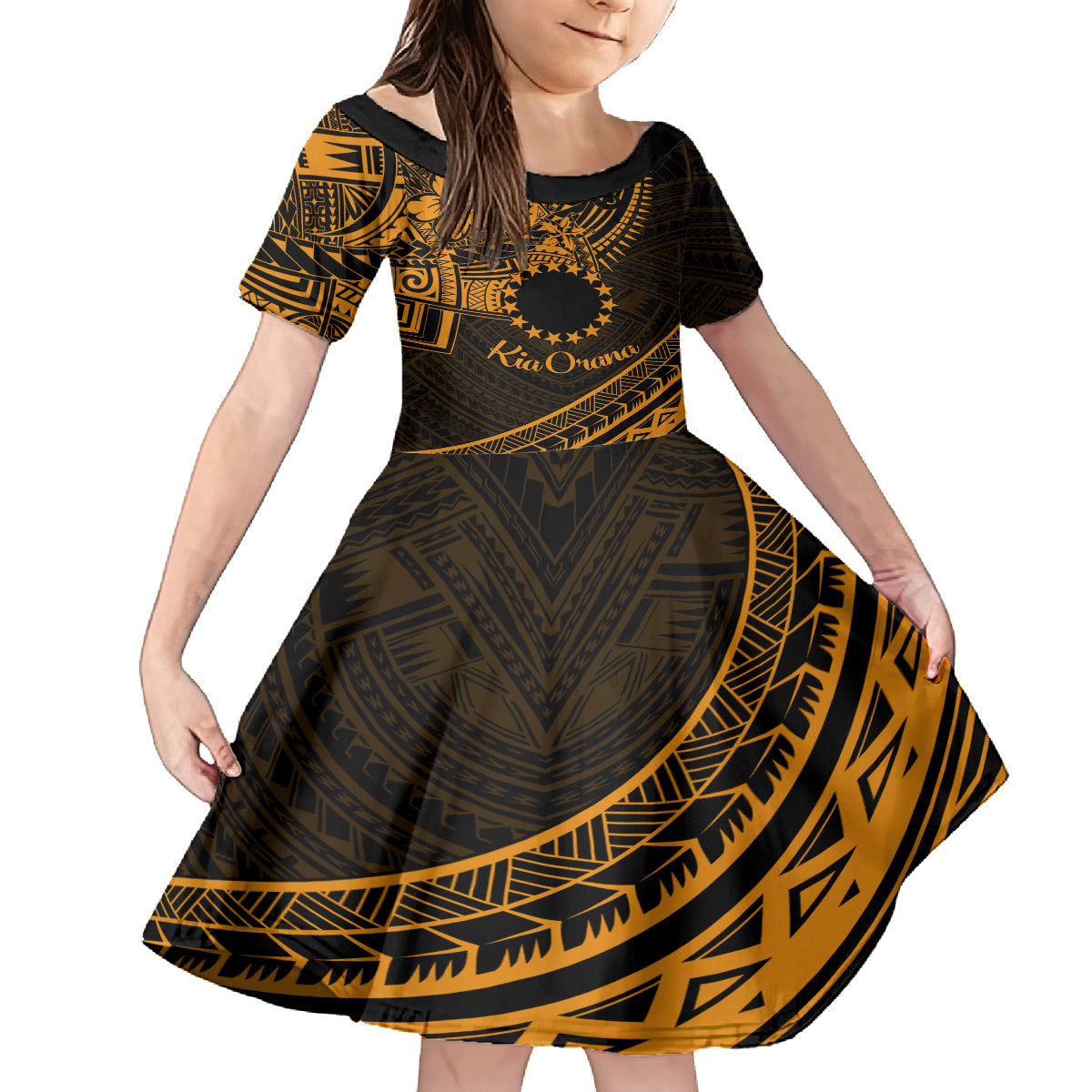 Kia Orana Cook Islands Family Matching Long Sleeve Bodycon Dress and Hawaiian Shirt Circle Stars With Floral Gold Pattern LT01 Daughter's Dress Gold - Polynesian Pride