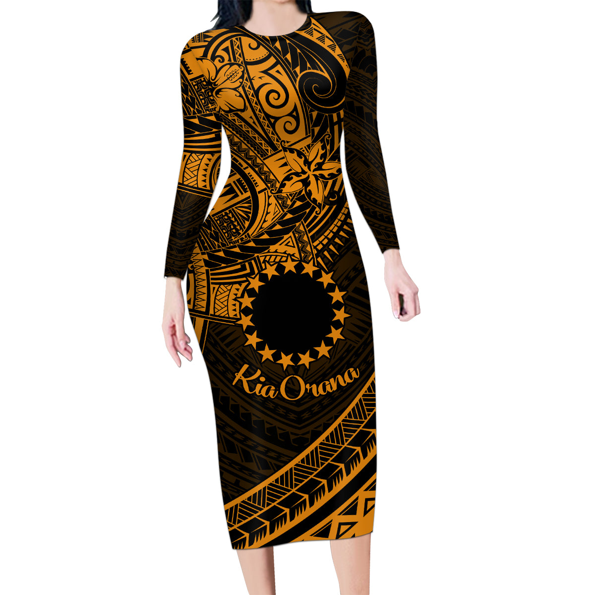 Kia Orana Cook Islands Family Matching Long Sleeve Bodycon Dress and Hawaiian Shirt Circle Stars With Floral Gold Pattern LT01 Mom's Dress Gold - Polynesian Pride