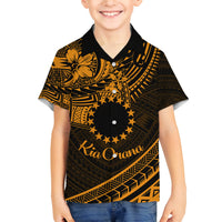 Kia Orana Cook Islands Family Matching Long Sleeve Bodycon Dress and Hawaiian Shirt Circle Stars With Floral Gold Pattern LT01 Son's Shirt Gold - Polynesian Pride