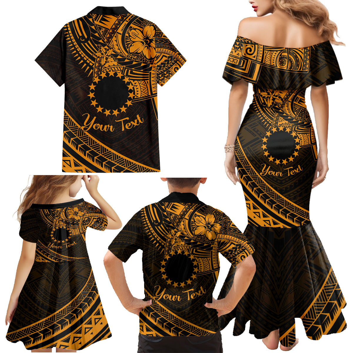 Kia Orana Cook Islands Family Matching Mermaid Dress and Hawaiian Shirt Circle Stars With Floral Gold Pattern LT01 - Polynesian Pride