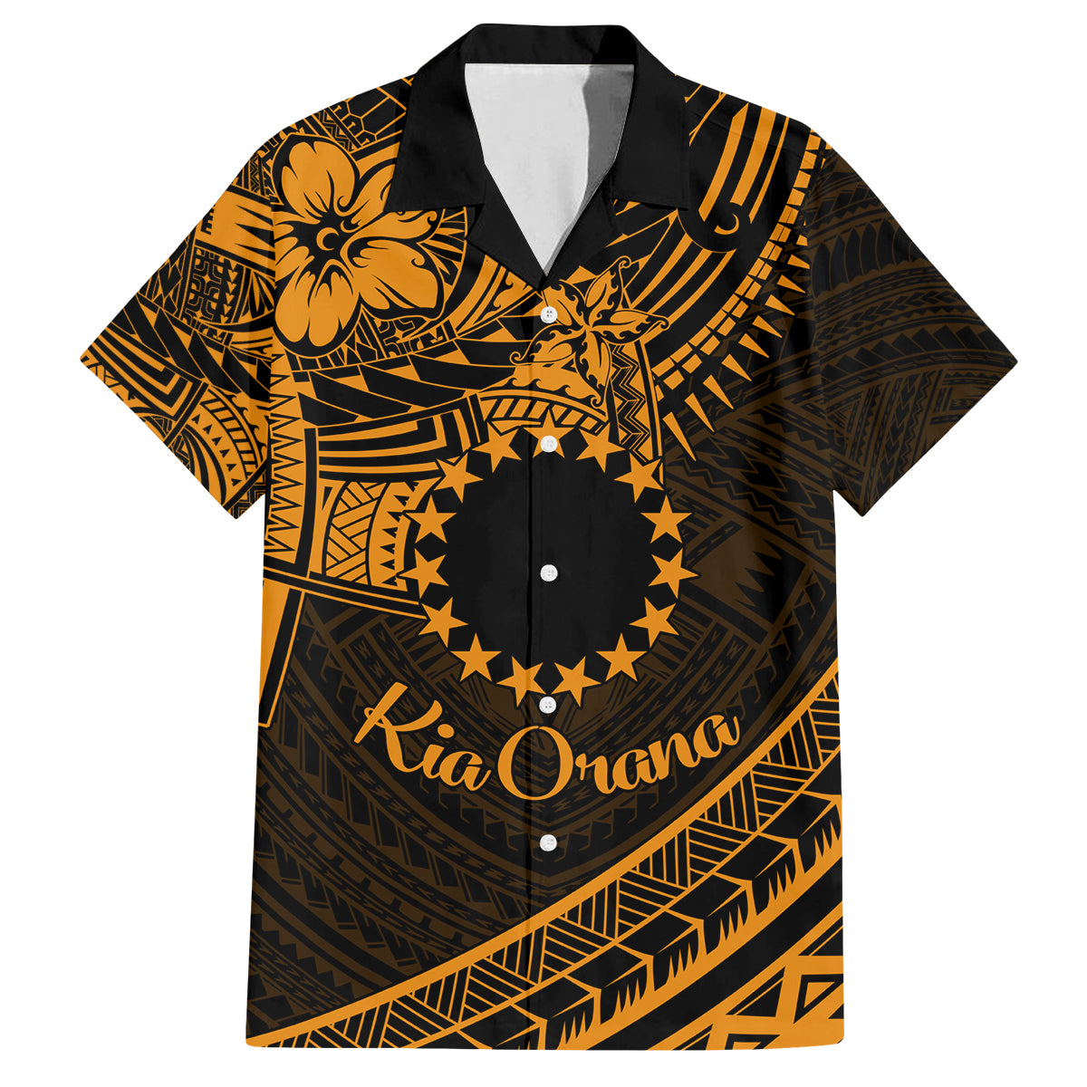 Kia Orana Cook Islands Family Matching Off Shoulder Short Dress and Hawaiian Shirt Circle Stars With Floral Gold Pattern LT01 Dad's Shirt - Short Sleeve Gold - Polynesian Pride