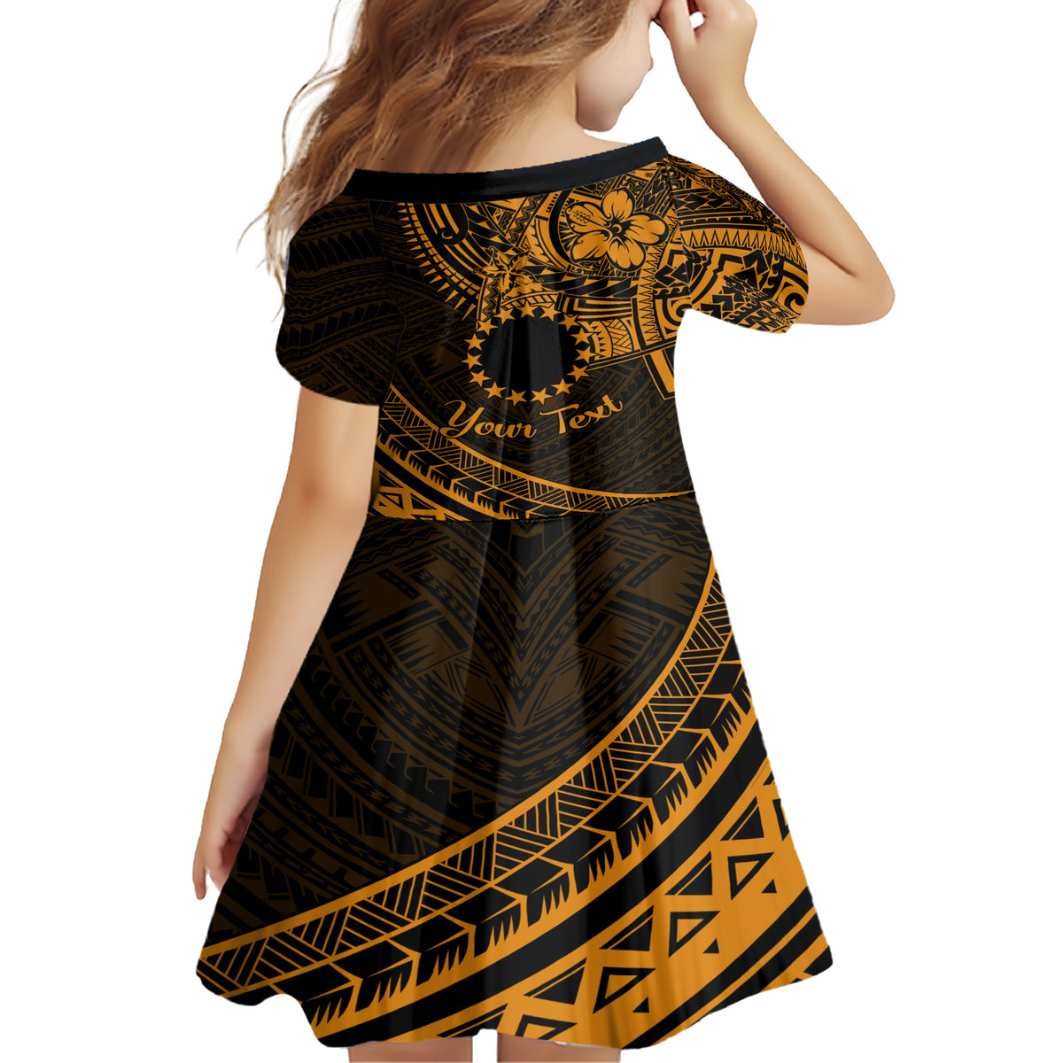 Kia Orana Cook Islands Family Matching Short Sleeve Bodycon Dress and Hawaiian Shirt Circle Stars With Floral Gold Pattern LT01 - Polynesian Pride