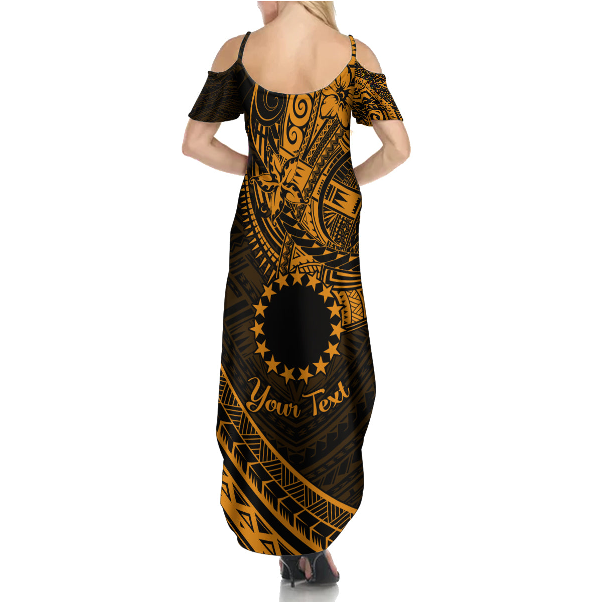 Kia Orana Cook Islands Family Matching Summer Maxi Dress and Hawaiian Shirt Circle Stars With Floral Gold Pattern LT01 - Polynesian Pride