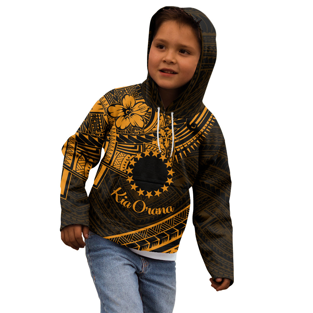 Kia Orana Cook Islands Kid Hoodie Circle Stars With Floral Gold Pattern LT01 - Polynesian Pride