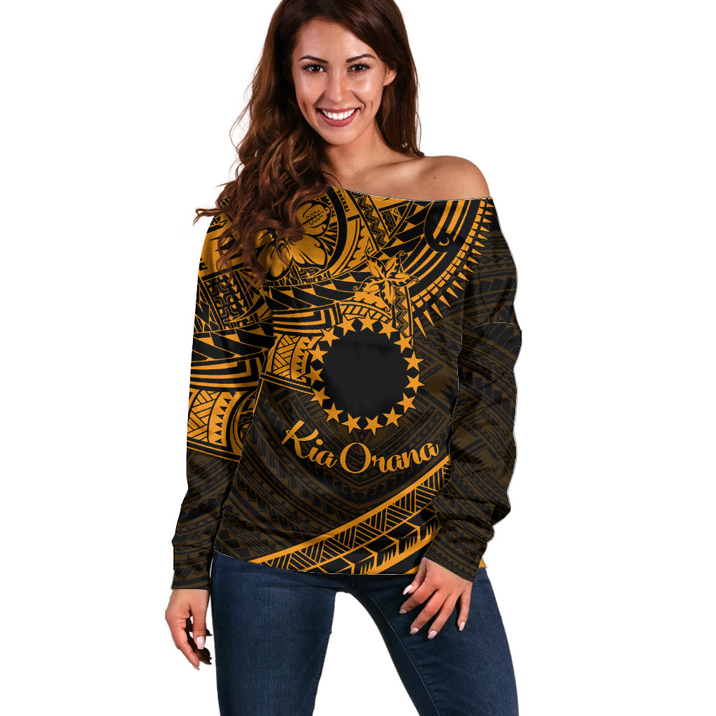 Kia Orana Cook Islands Off Shoulder Sweater Circle Stars With Floral Gold Pattern LT01 Women Gold - Polynesian Pride