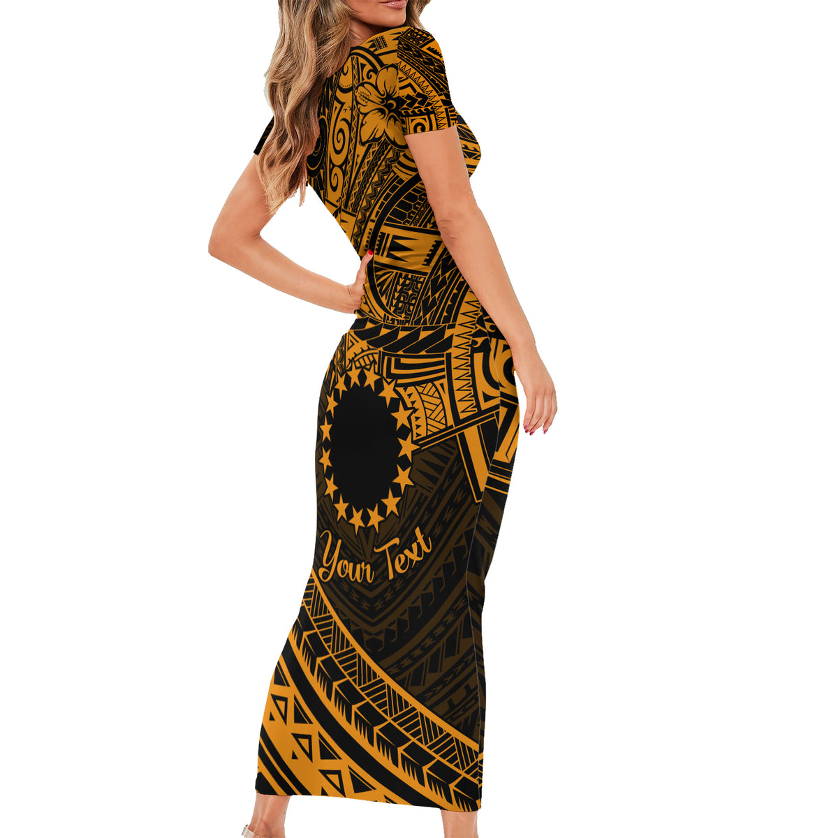Kia Orana Cook Islands Short Sleeve Bodycon Dress Circle Stars With Floral Gold Pattern LT01 - Polynesian Pride