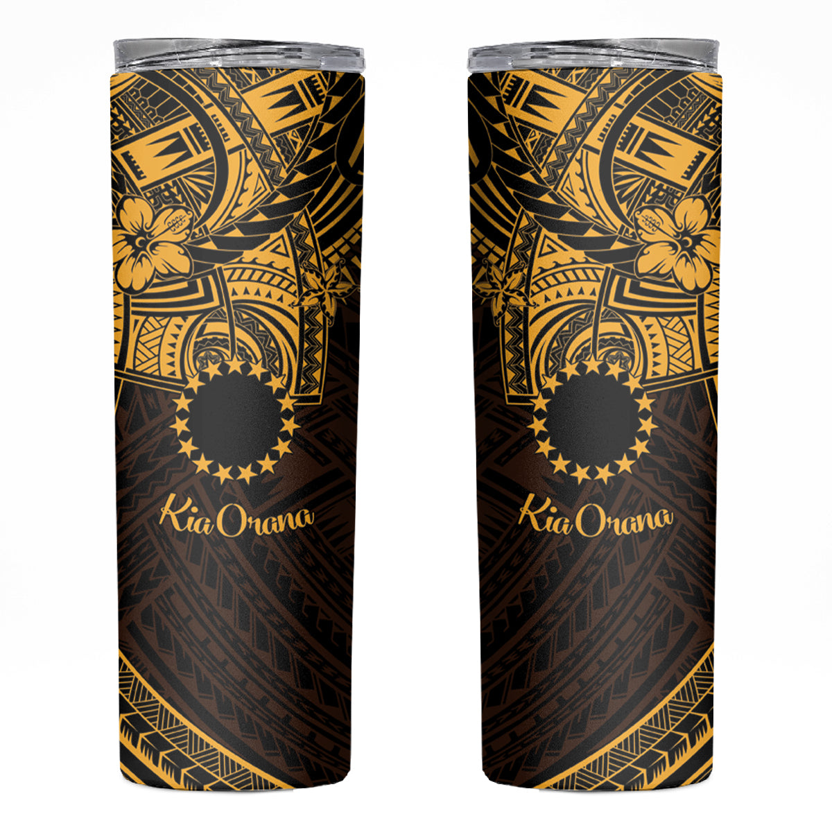 Kia Orana Cook Islands Skinny Tumbler Circle Stars With Floral Gold Pattern