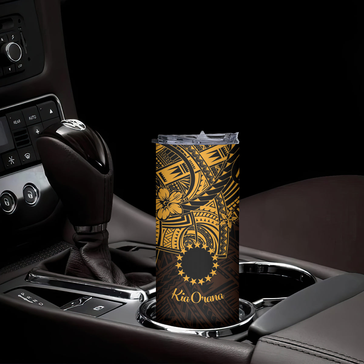 Kia Orana Cook Islands Skinny Tumbler Circle Stars With Floral Gold Pattern