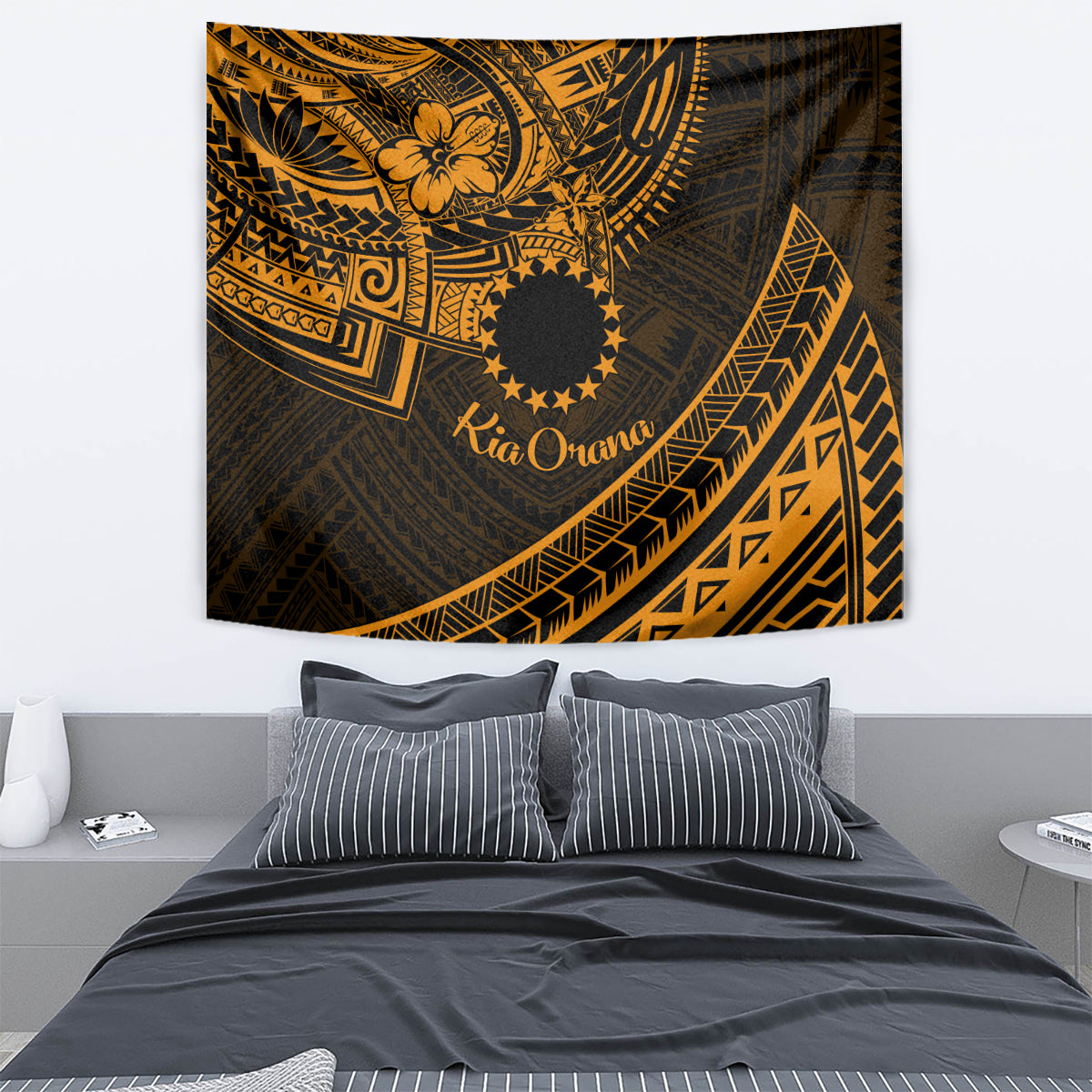Kia Orana Cook Islands Tapestry Circle Stars With Floral Gold Pattern LT01 - Polynesian Pride
