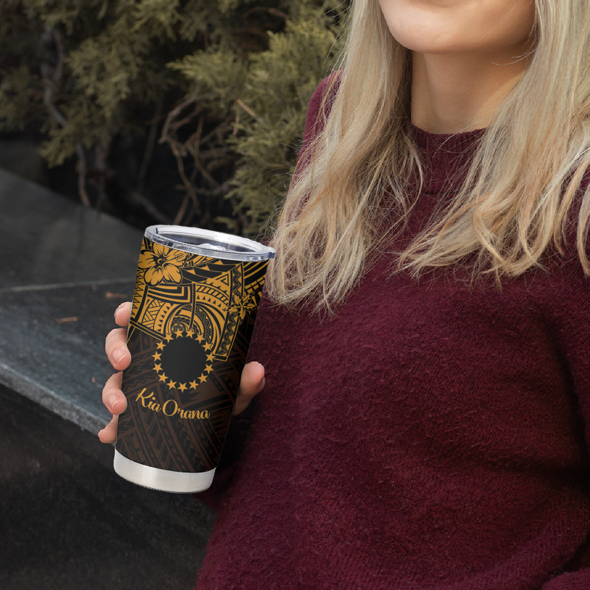 Kia Orana Cook Islands Tumbler Cup Circle Stars With Floral Gold Pattern