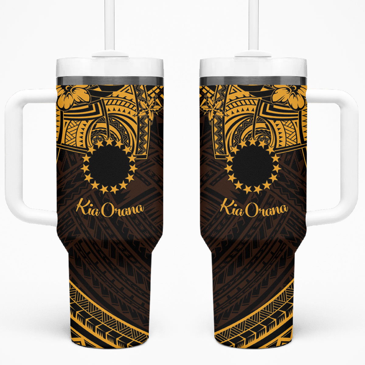Kia Orana Cook Islands Tumbler With Handle Circle Stars With Floral Gold Pattern