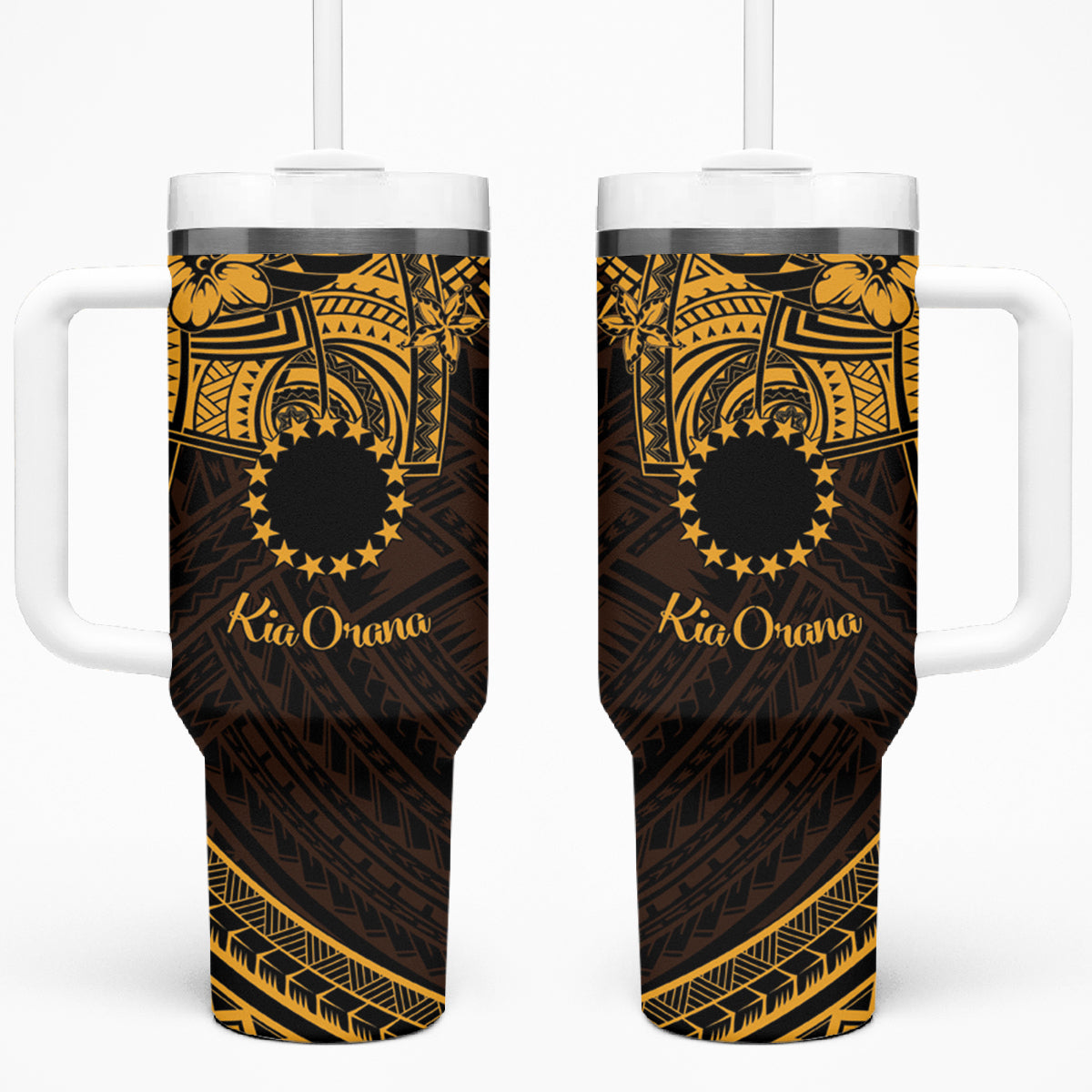 Kia Orana Cook Islands Tumbler With Handle Circle Stars With Floral Gold Pattern