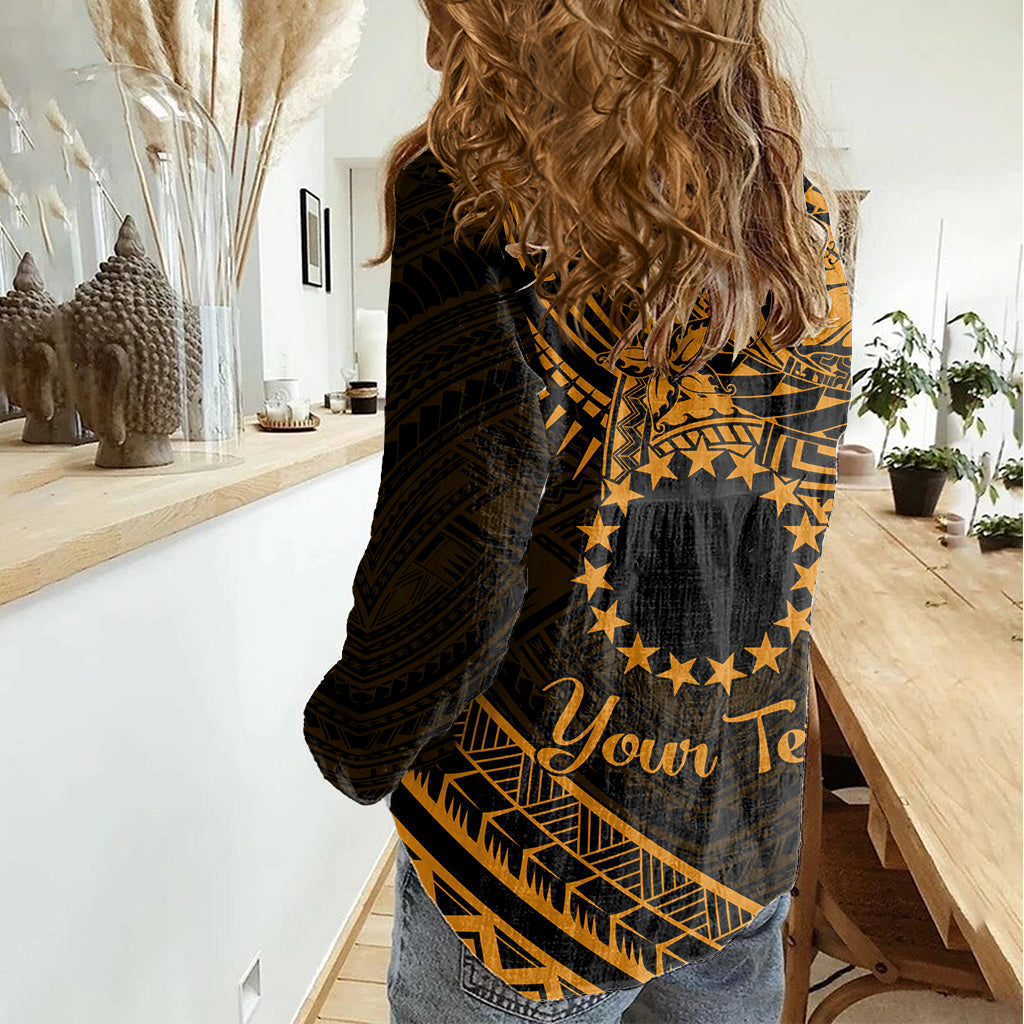 Kia Orana Cook Islands Women Casual Shirt Circle Stars With Floral Gold Pattern LT01 - Polynesian Pride