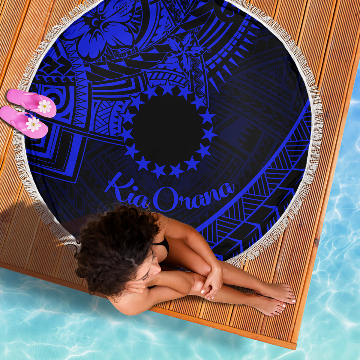 Kia Orana Cook Islands Beach Blanket Circle Stars With Floral Navy Blue Pattern LT01 - Polynesian Pride