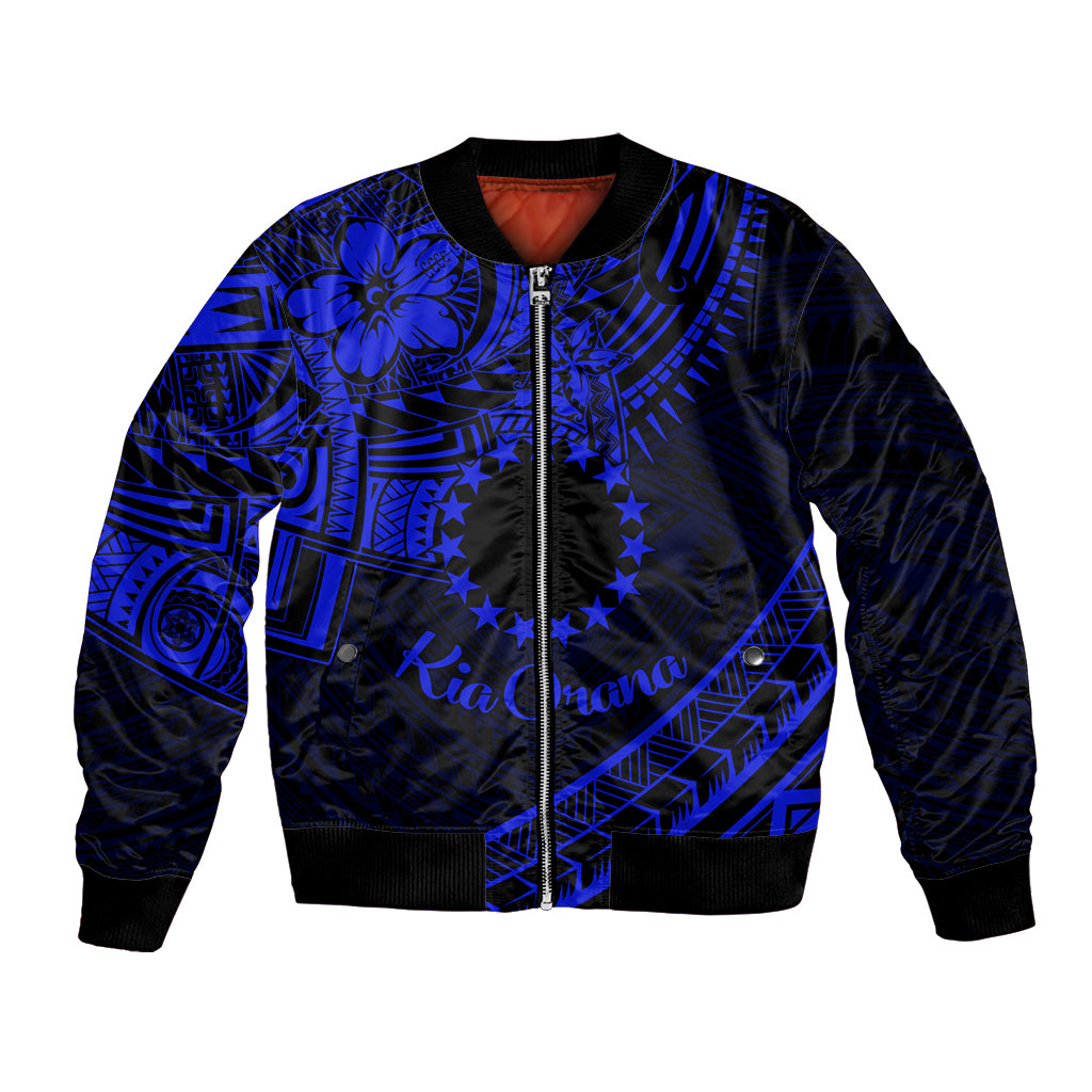 Kia Orana Cook Islands Bomber Jacket Circle Stars With Floral Navy Blue Pattern LT01 Unisex Blue - Polynesian Pride
