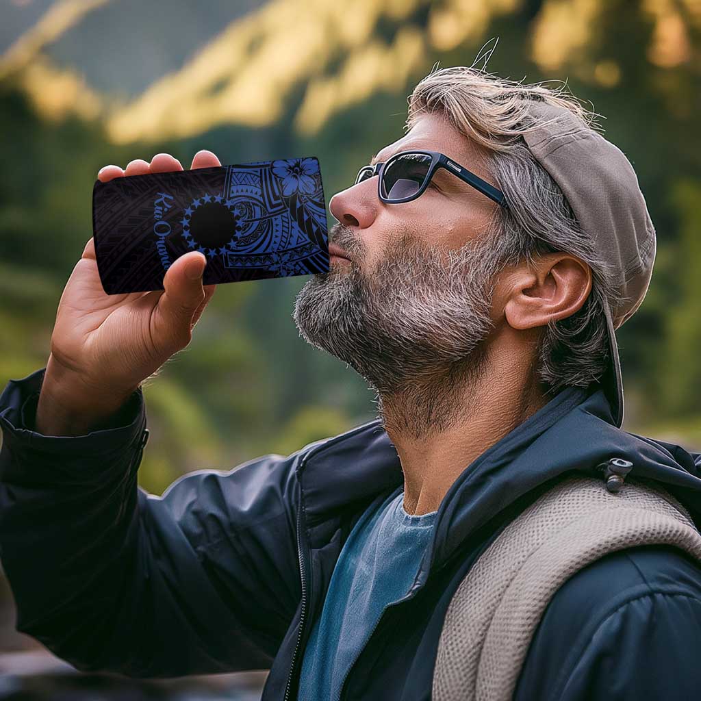 Kia Orana Cook Islands 4 in 1 Can Cooler Tumbler Circle Stars With Floral Navy Blue Pattern