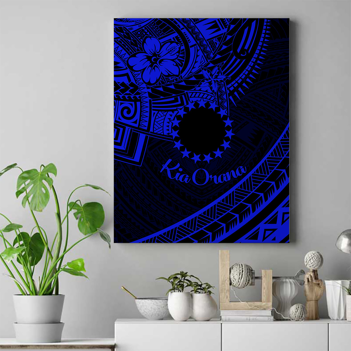 Kia Orana Cook Islands Canvas Wall Art Circle Stars With Floral Navy Blue Pattern LT01 Blue - Polynesian Pride