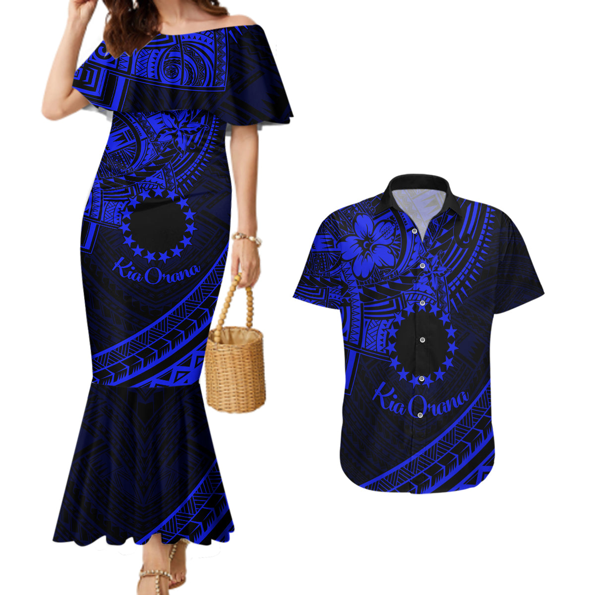 Kia Orana Cook Islands Couples Matching Mermaid Dress and Hawaiian Shirt Circle Stars With Floral Navy Blue Pattern LT01 Blue - Polynesian Pride
