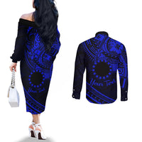 Kia Orana Cook Islands Couples Matching Off The Shoulder Long Sleeve Dress and Long Sleeve Button Shirt Circle Stars With Floral Navy Blue Pattern LT01 - Polynesian Pride