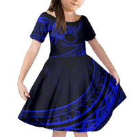 Kia Orana Cook Islands Family Matching Off Shoulder Maxi Dress and Hawaiian Shirt Circle Stars With Floral Navy Blue Pattern LT01 Daughter's Dress Blue - Polynesian Pride