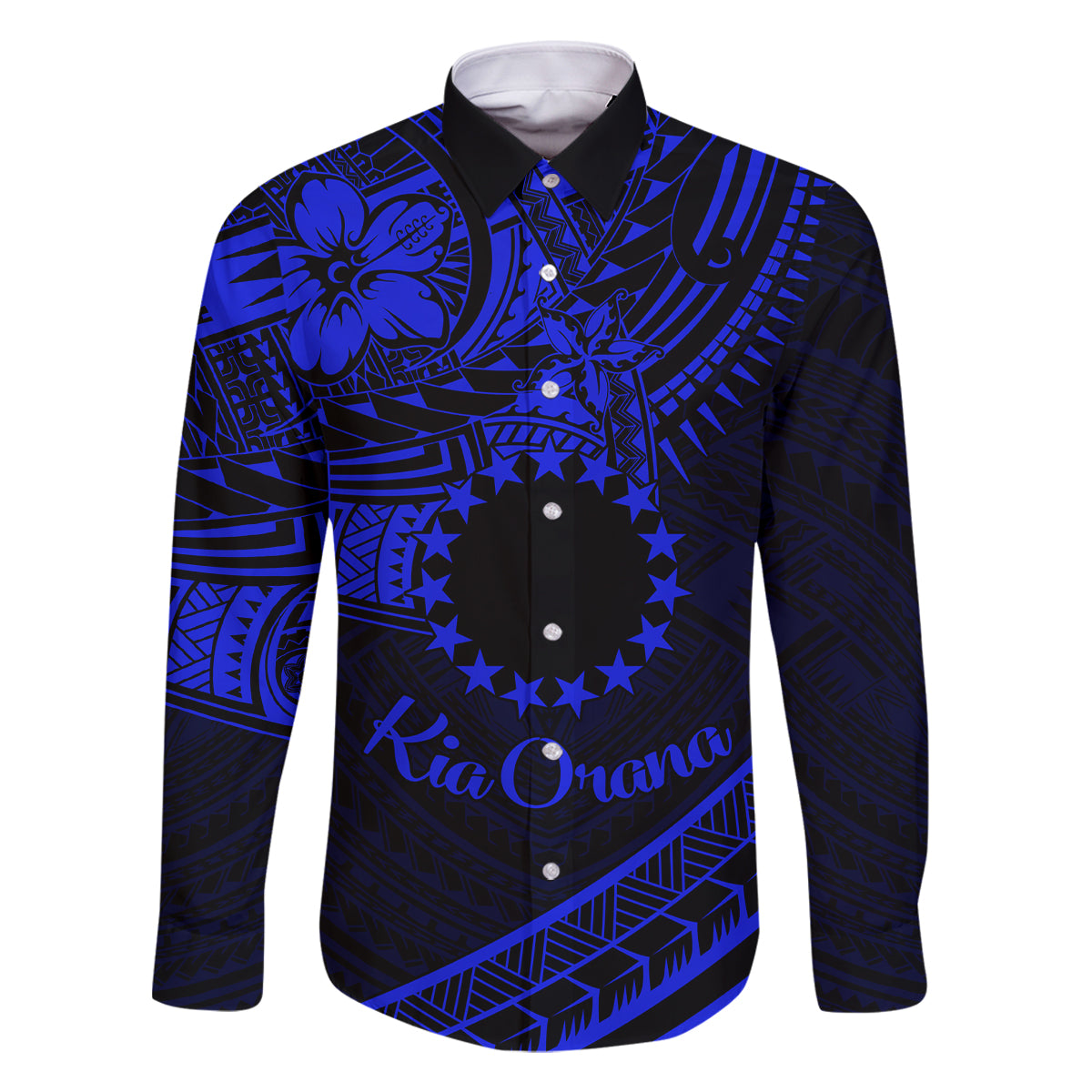 Kia Orana Cook Islands Family Matching Summer Maxi Dress and Hawaiian Shirt Circle Stars With Floral Navy Blue Pattern LT01 Dad's Shirt - Long Sleeve Blue - Polynesian Pride