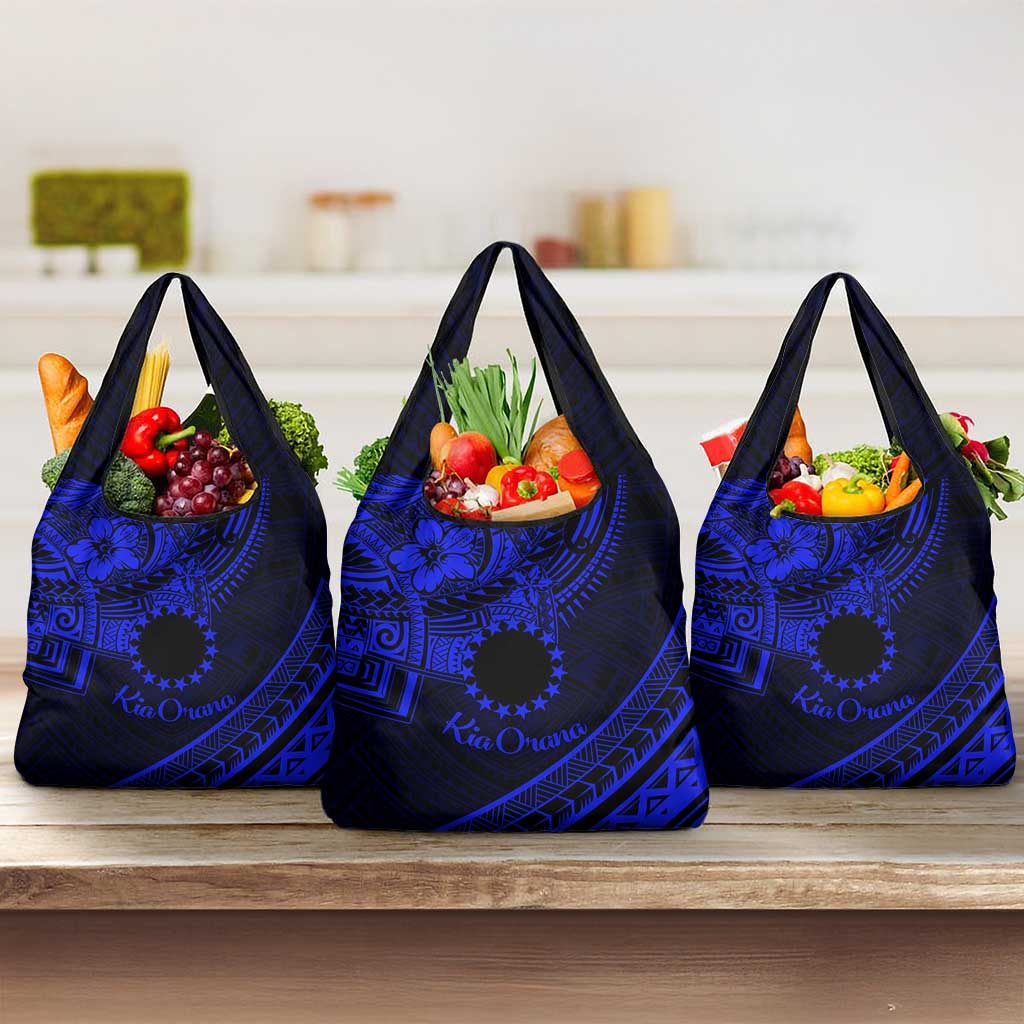 Kia Orana Cook Islands Grocery Bag Circle Stars With Floral Navy Blue Pattern LT01 3-pack One Size Blue - Polynesian Pride
