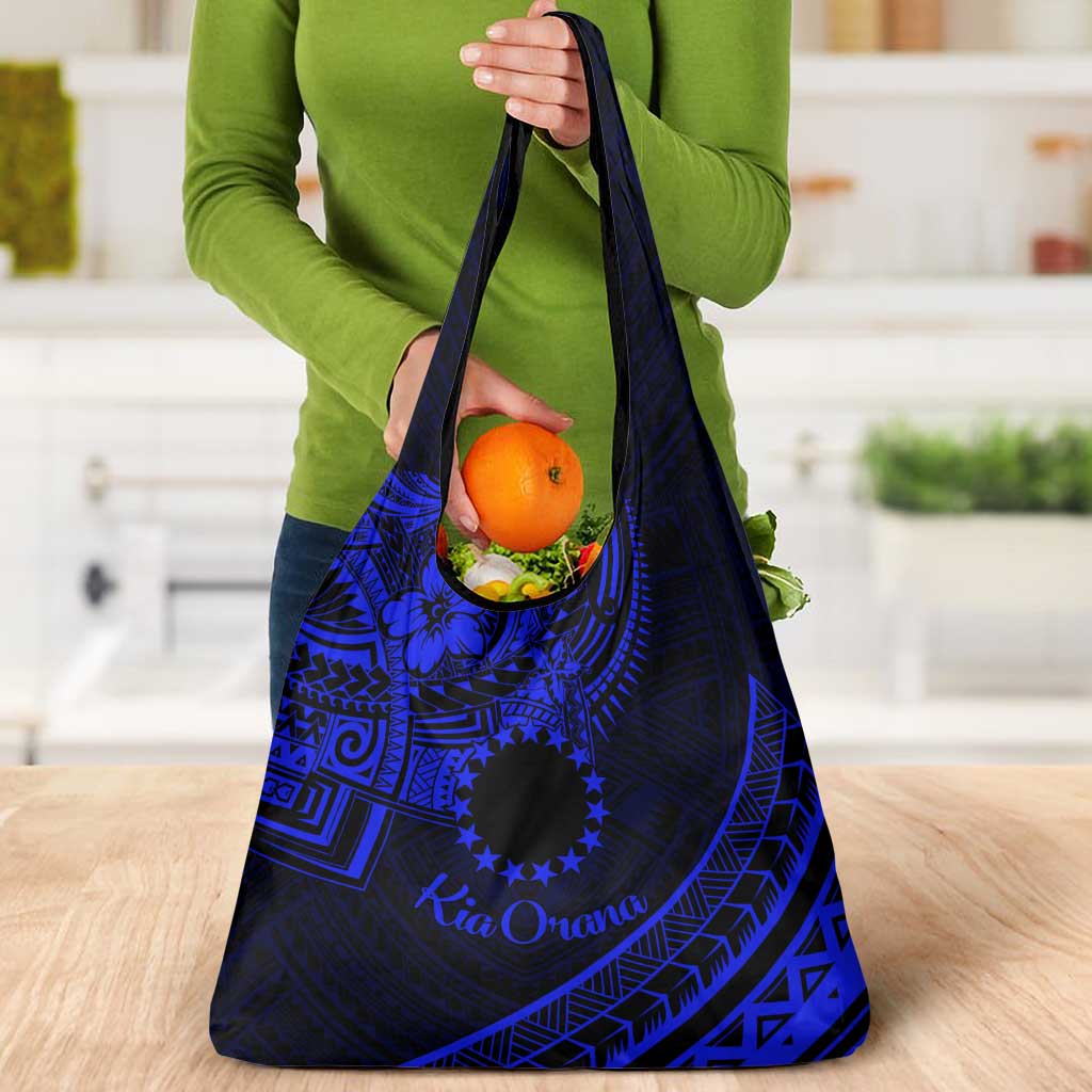 Kia Orana Cook Islands Grocery Bag Circle Stars With Floral Navy Blue Pattern LT01 - Polynesian Pride