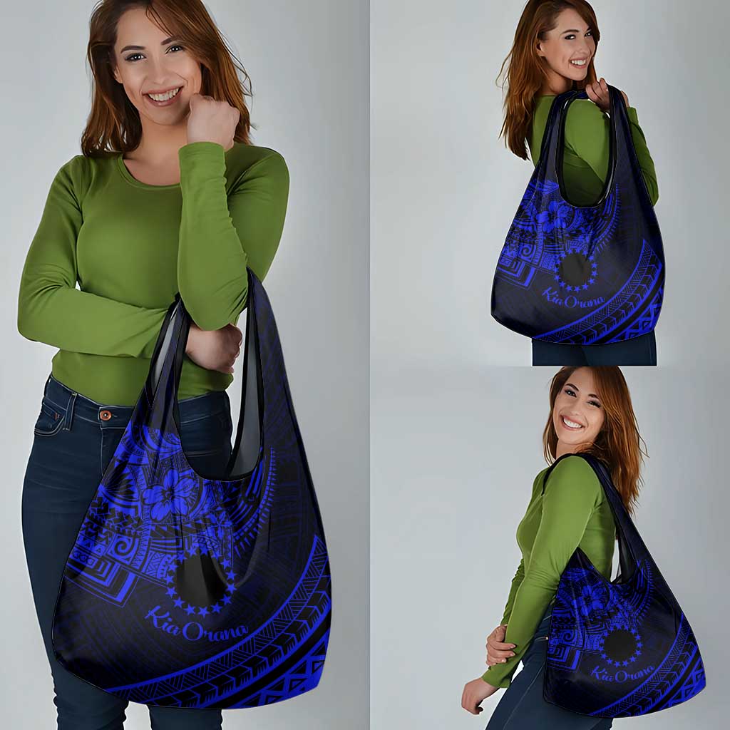 Kia Orana Cook Islands Grocery Bag Circle Stars With Floral Navy Blue Pattern LT01 - Polynesian Pride