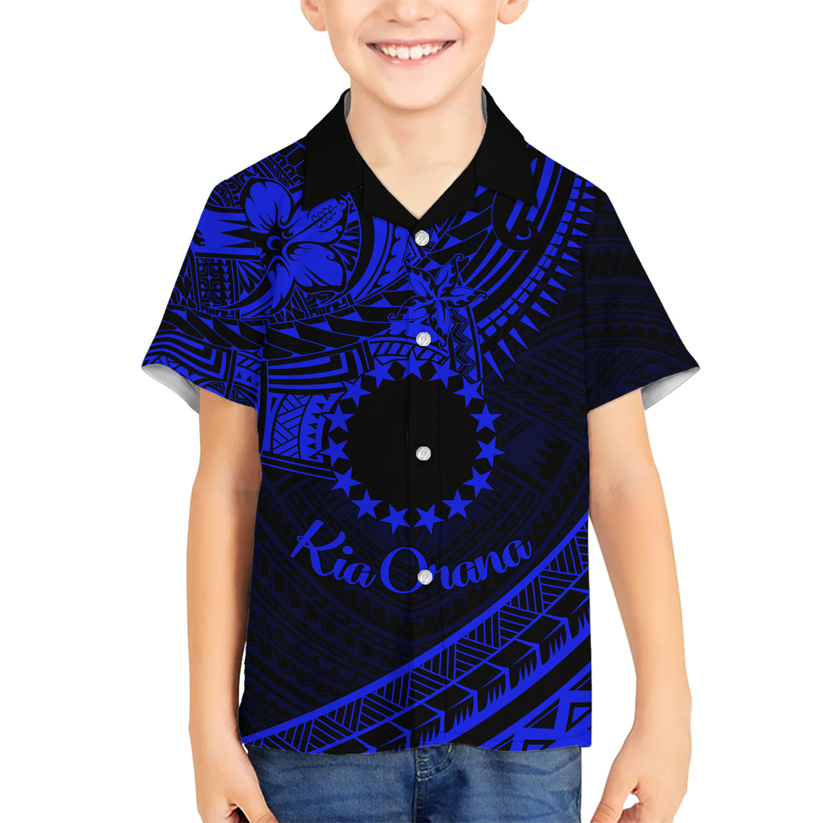 Kia Orana Cook Islands Kid Hawaiian Shirt Circle Stars With Floral Navy Blue Pattern LT01 Kid Blue - Polynesian Pride