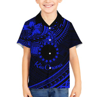 Kia Orana Cook Islands Kid Hawaiian Shirt Circle Stars With Floral Navy Blue Pattern LT01 Kid Blue - Polynesian Pride