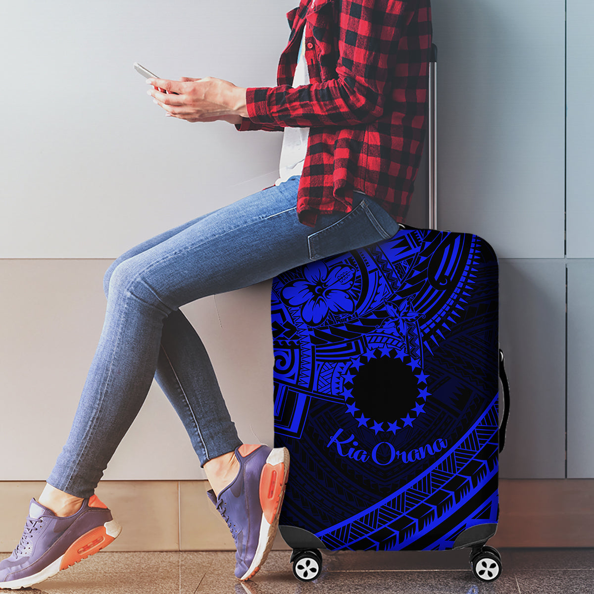 Kia Orana Cook Islands Luggage Cover Circle Stars With Floral Navy Blue Pattern LT01 - Polynesian Pride
