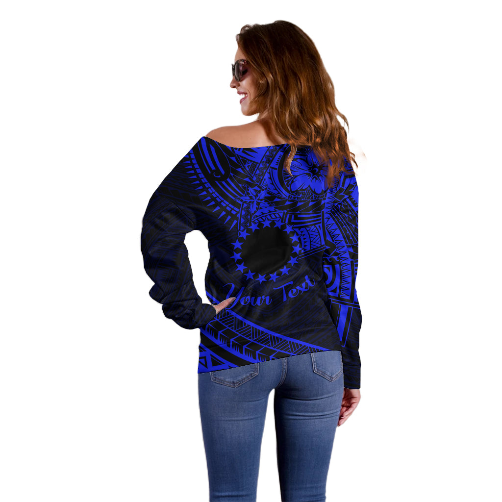 Kia Orana Cook Islands Off Shoulder Sweater Circle Stars With Floral Navy Blue Pattern LT01 - Polynesian Pride