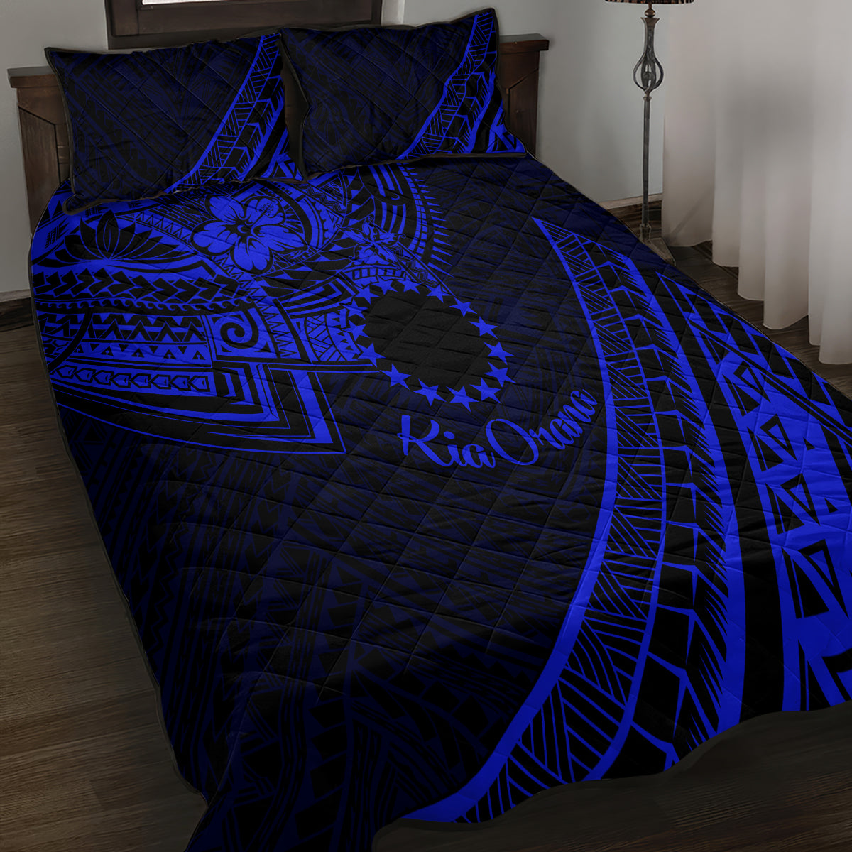 Kia Orana Cook Islands Quilt Bed Set Circle Stars With Floral Navy Blue Pattern LT01 - Polynesian Pride