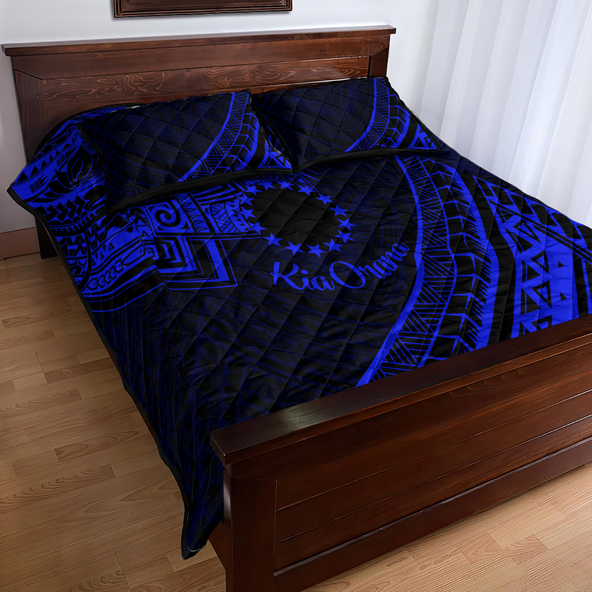 Kia Orana Cook Islands Quilt Bed Set Circle Stars With Floral Navy Blue Pattern LT01 - Polynesian Pride
