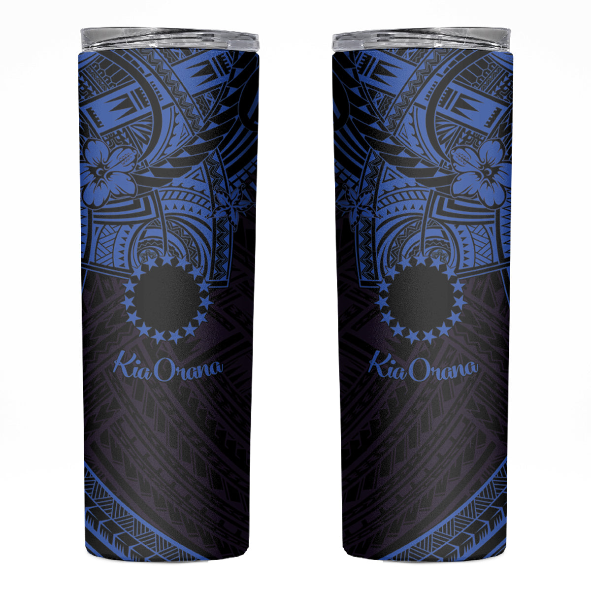 Kia Orana Cook Islands Skinny Tumbler Circle Stars With Floral Navy Blue Pattern