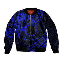 Kia Orana Cook Islands Sleeve Zip Bomber Jacket Circle Stars With Floral Navy Blue Pattern LT01 Unisex Blue - Polynesian Pride