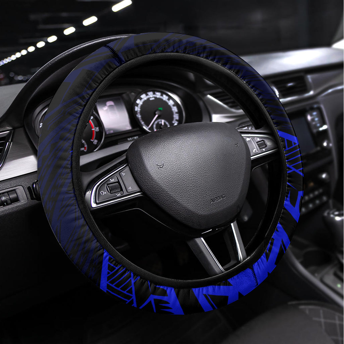 Kia Orana Cook Islands Steering Wheel Cover Circle Stars With Floral Navy Blue Pattern LT01 Universal Fit Blue - Polynesian Pride