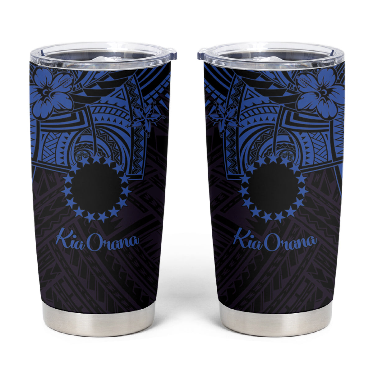 Kia Orana Cook Islands Tumbler Cup Circle Stars With Floral Navy Blue Pattern