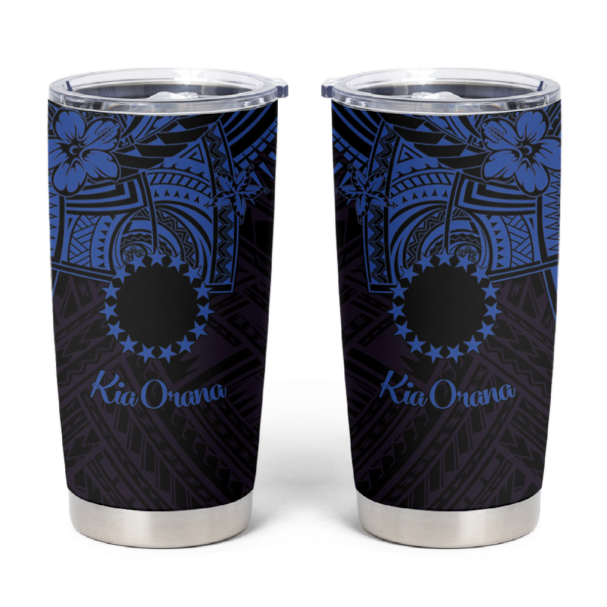 Kia Orana Cook Islands Tumbler Cup Circle Stars With Floral Navy Blue Pattern