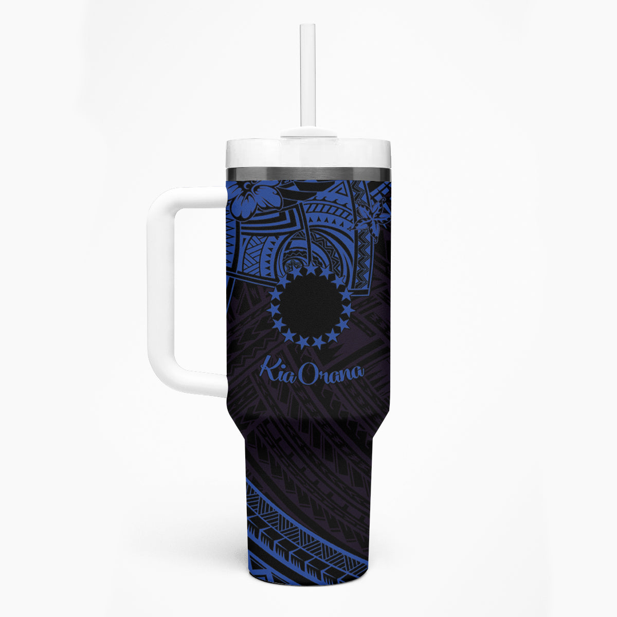 Kia Orana Cook Islands Tumbler With Handle Circle Stars With Floral Navy Blue Pattern