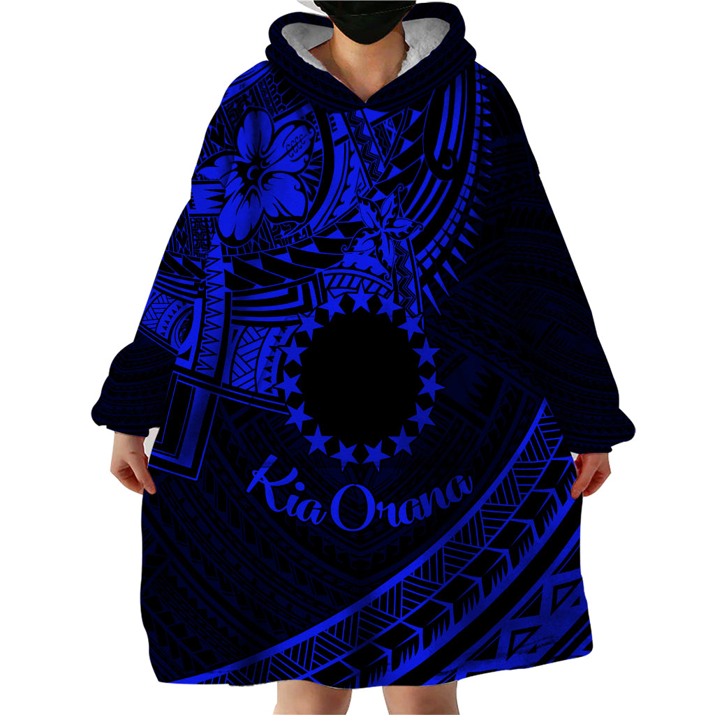 Kia Orana Cook Islands Wearable Blanket Hoodie Circle Stars With Floral Navy Blue Pattern LT01 - Polynesian Pride