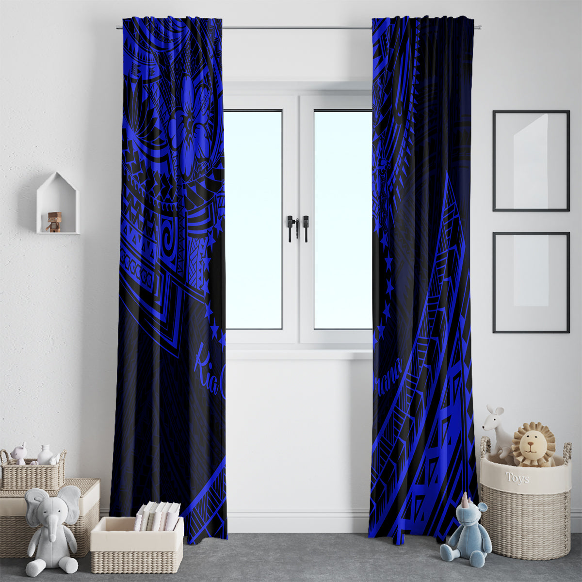 Kia Orana Cook Islands Window Curtain Circle Stars With Floral Navy Blue Pattern LT01 - Polynesian Pride