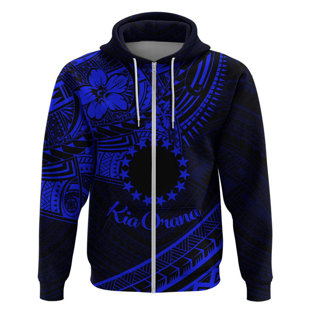 Kia Orana Cook Islands Zip Hoodie Circle Stars With Floral Navy Blue Pattern LT01 Zip Hoodie Blue - Polynesian Pride